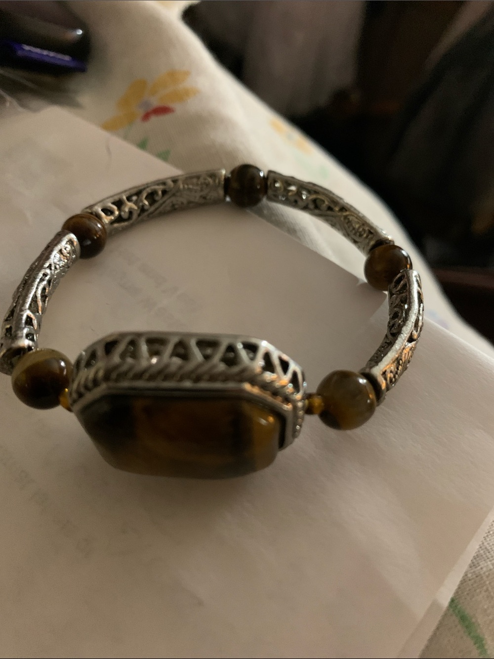 Vintage Tiger Eye Silver-Tone Beaded Stretch Bracelet - Brown